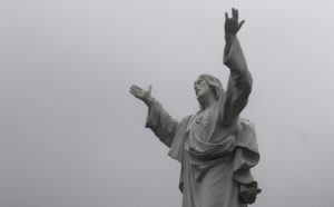 The Jesus statue in the Horseshoe stands alone on rainy Nov. 7, 2018. Loyola raised $1.2 million to give bonuses to long-term faculty members.