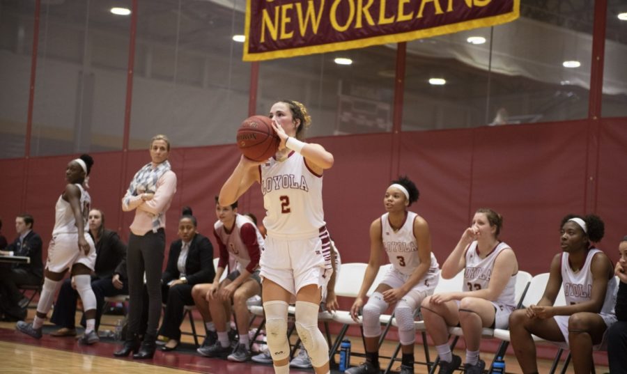 Presley Wascom, mathematics sophomore, racked up 19 points as the teams starting guard and dished out three assists, leading the Wolf Packs offense. Photo credit: Loyola New Orleans Athletics