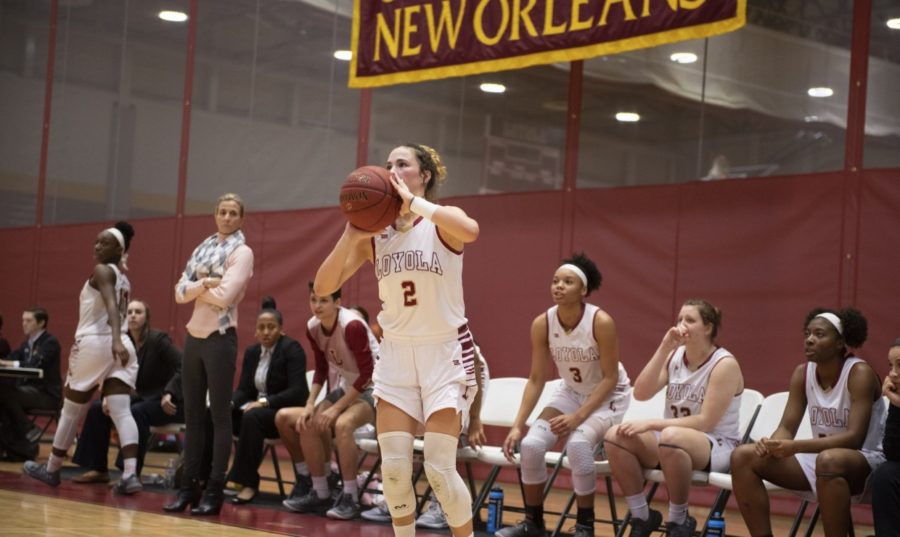 Presley Wascom, mathematics sophomore, racked up 19 points as the team's starting guard and dished out three assists, leading the Wolf Pack's offense. Photo credit: Loyola New Orleans Athletics