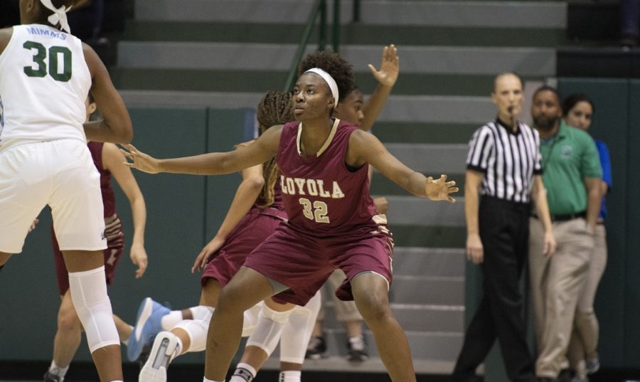 Biology freshmen Tera Snell guards the ball-handler against Tulane University Oct. 30. The Wolf Pack lost the matchup against Brewton-Parker College on Dec. 1. Photo Credit: Loyola New Orleans Athletics