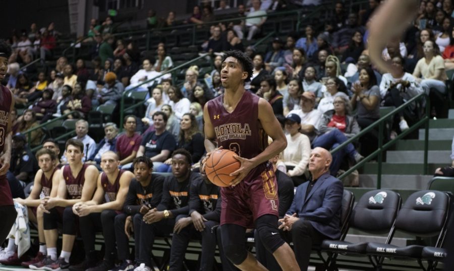 Mass communication Myles Burns led the team in scoring with 19 points while also grabbing seven rebounds, three steals and two assists. Photo credit: Loyola New Orleans Athletics