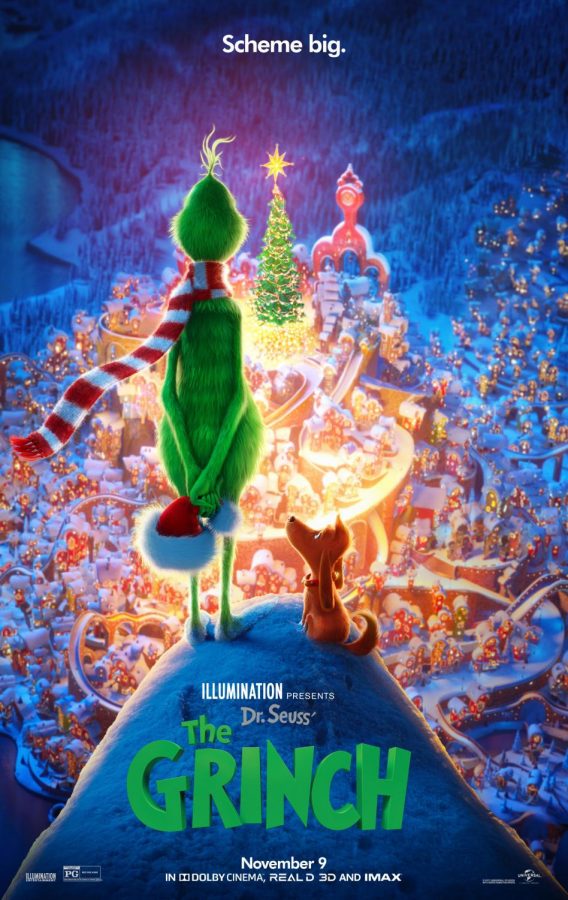 The poster for the 2018 version of The Grinch. The poster shows The Grinch overlooking Whoville.