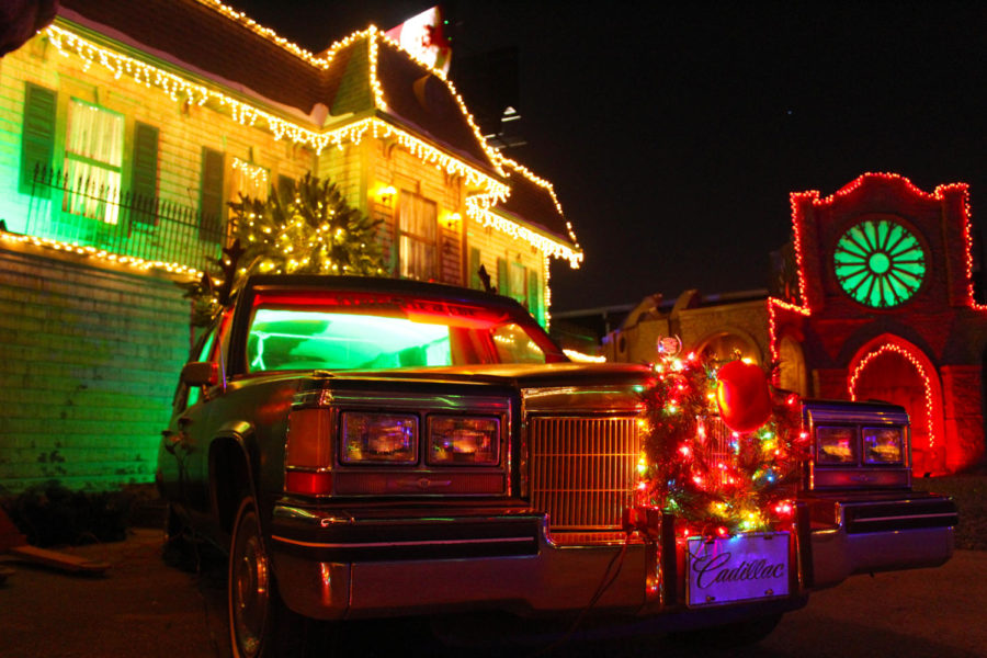 The hearse, which is iconically featured outside of the haunted house, is decorated for the Christmas season. The decorations include a tree on the roof, a wreath, and deer antlers completed with Rudolf's red nose. Photo credit: Caitlyn Reisgen