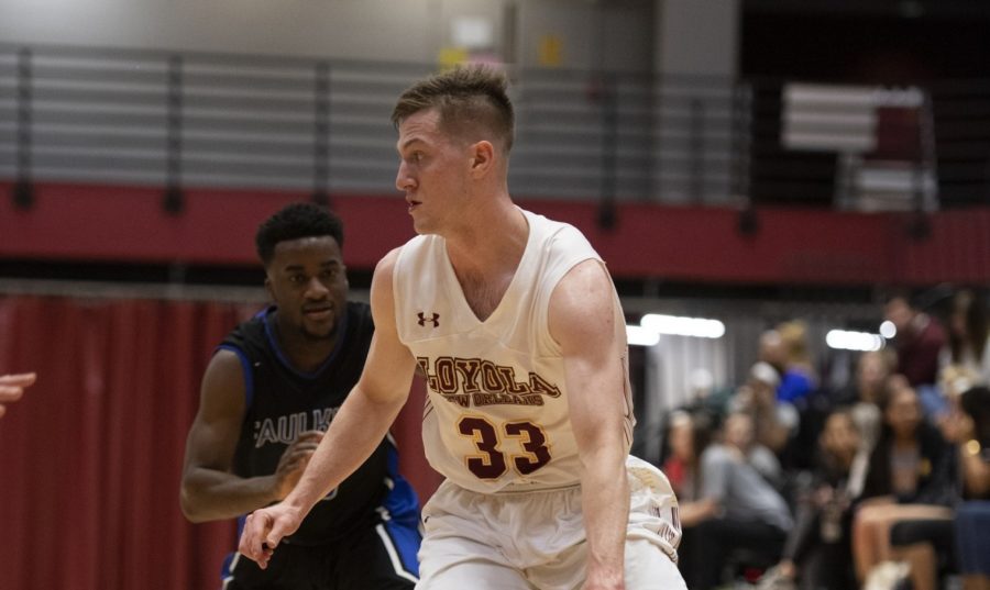 Finance senior, Ethan Turner, (33) ended the game versus Dalton State with 12 points, three steals, two assists and two rebounds. Photo credit: Loyola New Orleans Athletics