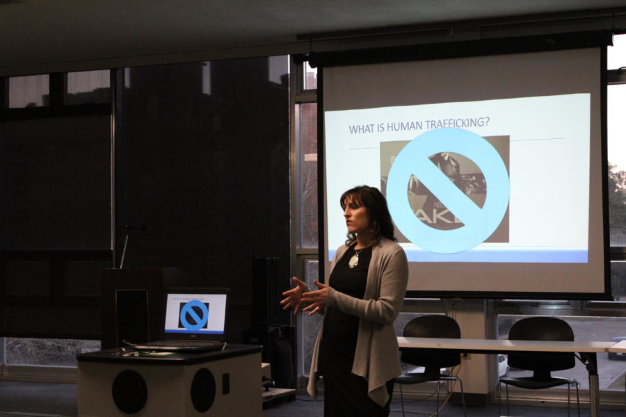 Leanne McCallum, task force coordinator for the Greater New Orleans Human Trafficking Task Force, presents in the Audubon Room on Jan. 11.  McCallum used the movie Taken and a way to break down common misconceptions about human trafficking Photo credit: Hannah Renton