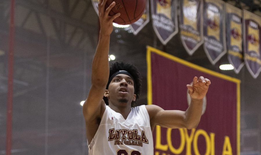 Mass communication freshman Zach Wrightsil lead in points, rebounds and assists. He recorded 22 points, 10 rebounds and three assists to earn his sixth double-double of the year. Photo credit: Loyola University Athletics