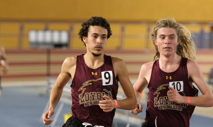 Psychology sophomore Hayden Ricca and environmental studies sophomore Walter Ramsey each broke records at the McNeese Indoor II on Jan. 25. Mass communication senior Leah Banks set two program records at the meet. Photo credit: Loyola New Orleans Athletics