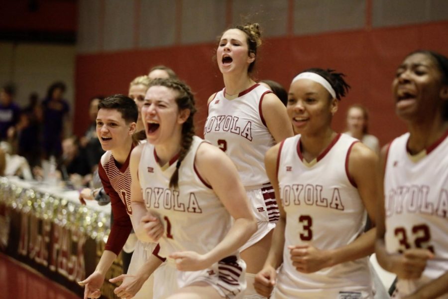 Loyola's women's basketball team celebrates a play versus Bethel University in The Den on Feb. 14. The women's team ended the regular season as the No. 2 seed in the conference. Photo credit: Andres Fuentes