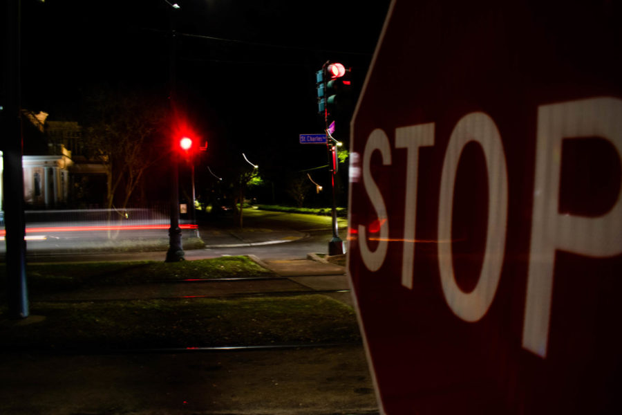 The stop sign placed at the crossroad of Nashville Avenue and St. Charles Avenue. The malfunctioning light has turned the streetlight to a four-way stop sign. Photo credit: Michael Bauer