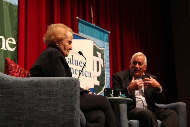 Former U.S. Secretary of State Madeleine Albright (left) discusses politics and her newest book, "Fascism: A Warning," Tuesday at Tulane University. Tulane history professor Walter Isaacson (right) served as moderator of Albright's talk, part of the Tulane/Aspen Institute's Values in America Speaker Series.