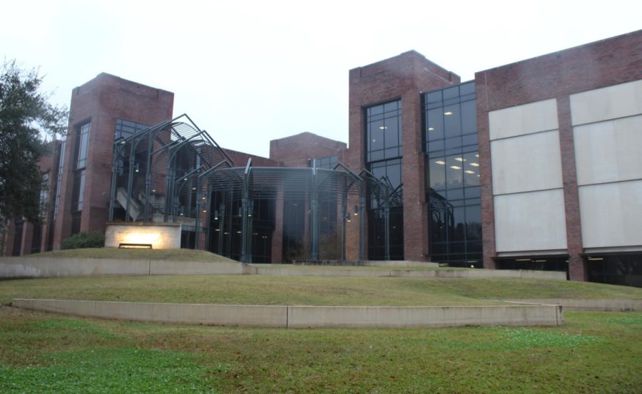 Th Communcation/Music Complex sits in the rain on February 20, 2019. The building holds the newly named College of Music and Media. Photo credit: Cristian Orellana