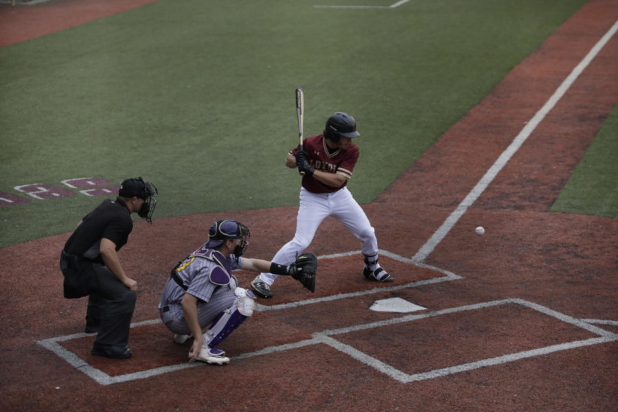 A Loyola batter stands at-bat for a pitch. Loyola won two, back-to-back games against Freed-Hardeman. Photo by Andres Fuentes. 