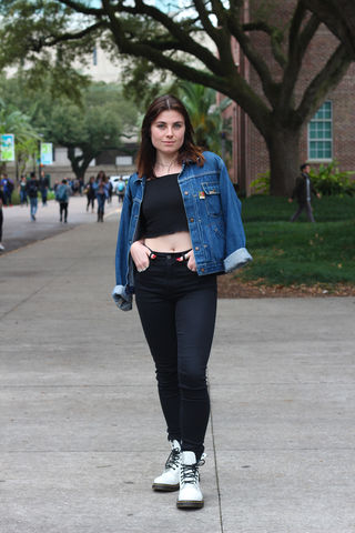 Kira Farley shows off her jean jacket and crop top look