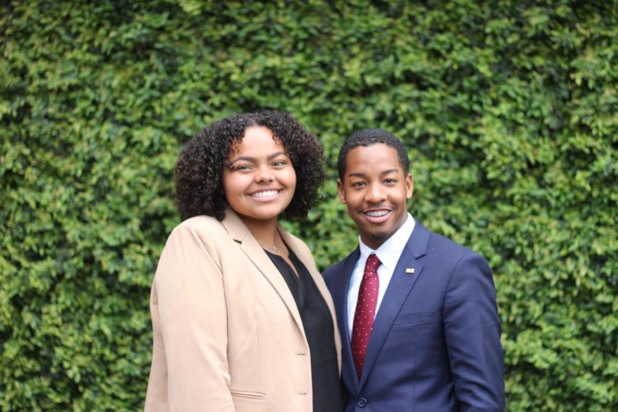 President-elect Jessamyn Reichmann and vice president-elect Freedom Richardson pose outside of Monroe Hall on March 11, 2019. They won after running unopposed. Photo credit: Cristian Orellana