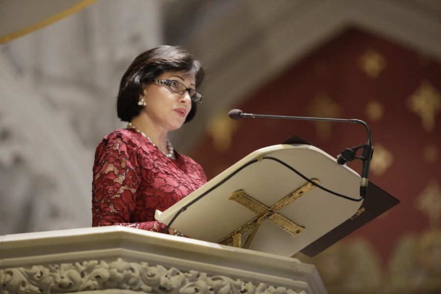 Gayle Benson speaks at Tania Tetlows Missioning Mass on November 15th 2018. Benson was one of many guests invited to the mass. Photo credit: Cristian Orellana