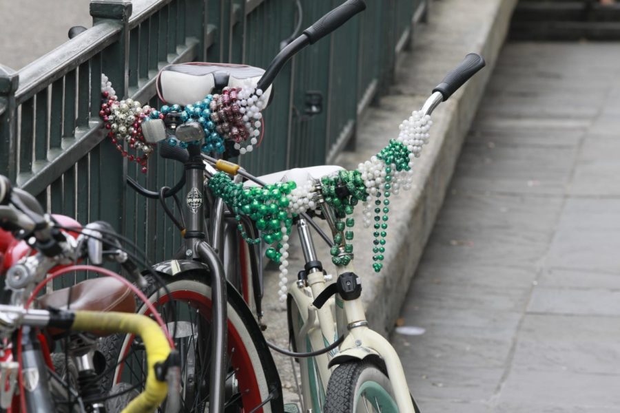 Mardi Gras beads hang off of bicycles near Jackson Square. Loyolas campus remains safe during this Mardi Gras season.