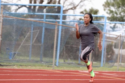 Criminal justice junior Diamond Pearson earned a season-best in the women's long jump, with a distance of 4.74 meters to place in the seventh spot. She also earned a personal best in the 200-meter dash with 26.33 seconds and placing 13th and a season-best in the 100-meter dash with a time of 12.67. Photo credit: Andres Fuentes