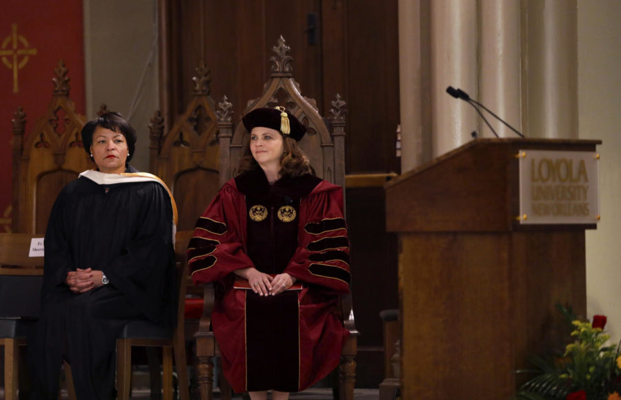 University President Tania Tetlow and New Orleans Mayor LaToya Cantrell sit together during Tetlow’s inauguration last fall. Tetlow was in charge of recruiting speakers for the upcoming Women’s Leadership Academy -- one of whom will be Cantrell. Photo credit: Angelo Imbraguglio