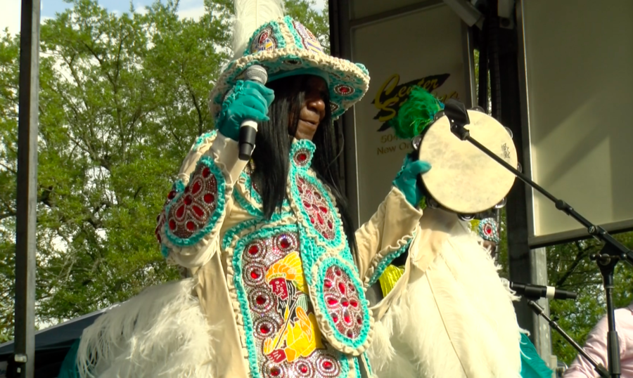 Mardi Gras Indians take the stage Saturday, March 30 at the Congo Square New World Rhythms Festival. The festival, sponsored by the New Orleans Jazz and Heritage Foundation, was a celebration of African American heritage and the community’s influence on New Orleans music. Photo credit: India Yarborough
