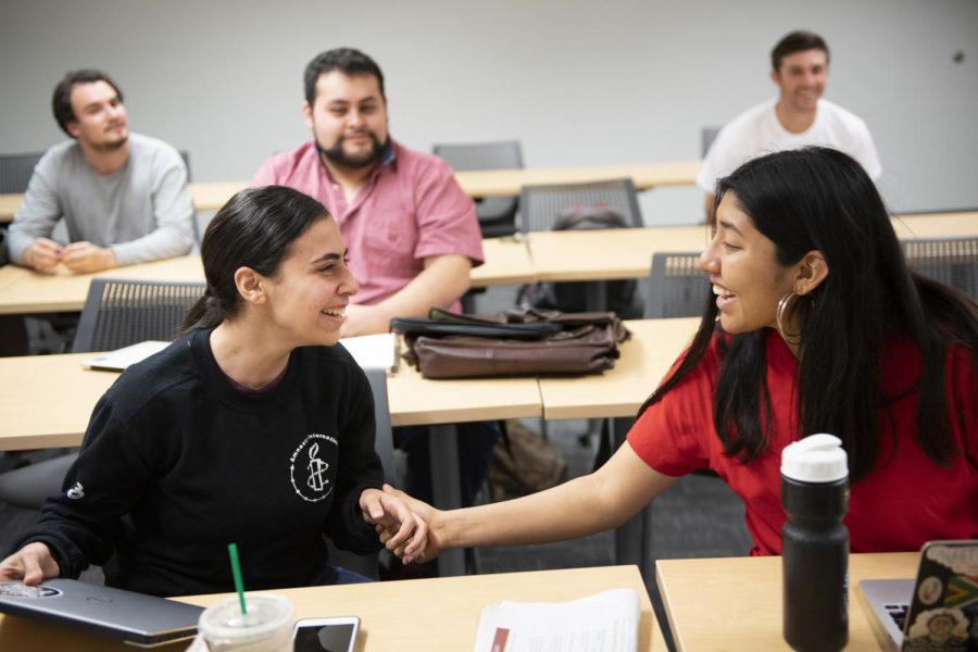 Rana Thabata finds out she was one of 62 winners of the prestigious Truman Scholarship in her business class. Tetlow, a former Truman fellow herself, came to her class with balloons to announce Thabta’s win. Photo credit: Kyle Encar