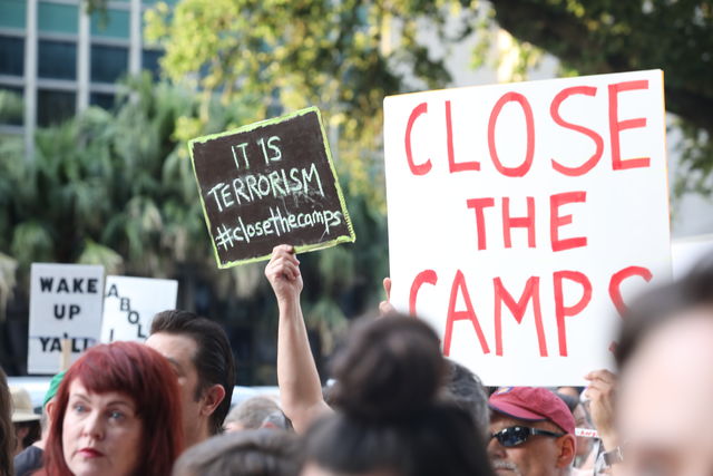 Supporters came to the ICE rally with handmade signs and art on July 19, 2019 in protest of dentention centers on the U.S. and Mexico border.