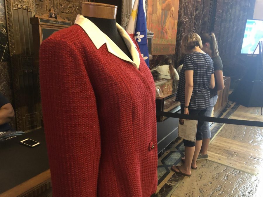 Kathleen Blanco's suit from her inauguration as Louisiana's first female governor was on display at the State Capitol on Aug. 22, 2019. Other items from her political career were also showcased to the public. Photo credit: Andres Fuentes