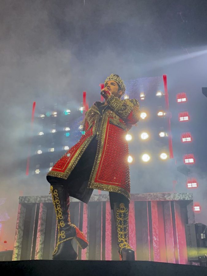 Adam Lambert sings We Will Rock You with Queen at the Smoothie King Center on Aug. 20. Lambert performed with the group as a part of their Rhapsody Tour. Courtesy of Heidi Dulom.