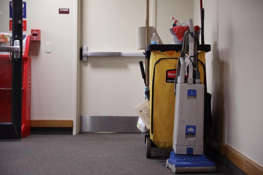 A cleaning cart left by a WFF janitorial worker sits in a hallway on Aug. 21, 2019.  Loyola WFF workers had their hours changed to overnight and early morning shifts for the current school year. 
