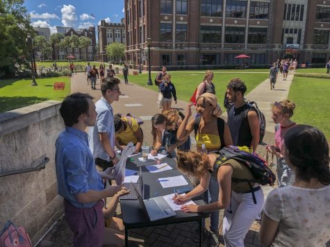 Students sign the condom petition Sept. 3. Britton Hansen, along with the rest of Loyola for Reproductive Rights, created this petition to allow the distribution of condoms on campus.