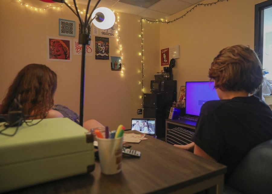 Juniors Grace Hawkins and Allie Waguespack watch cable on a laptop in their dorm room on Sept. 11, 2019. 