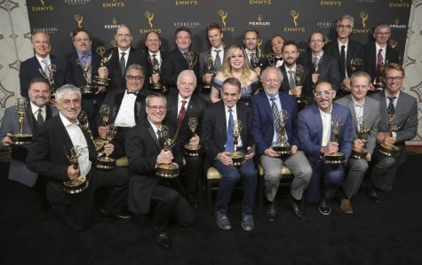 IMAGE DISTRIBUTED FOR THE TELEVISION ACADEMY - Actress Kirsten Vangsness, center, poses with the winners of the Engineering Emmy Awards at the 71st Engineering Emmy Awards, presented by the Television Academy at the JW Marriott Los Angeles L.A. LIVE hotel on Wednesday, Oct. 23, 2019 in Los Angeles. (Photo by Willy Sanjuan/Invision for The Television Academy/AP Images)