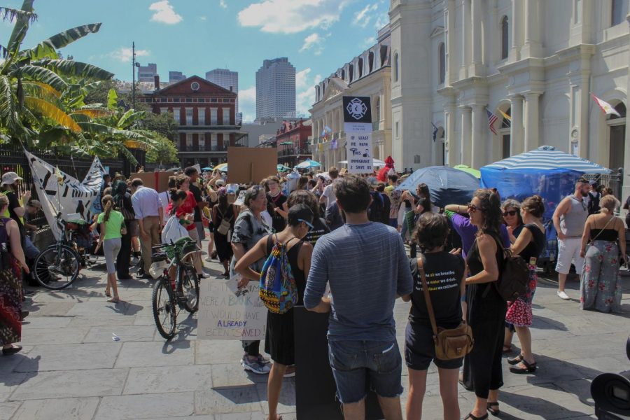 A+crowd+of+strikers+gathers+in+Jackson+Square+on+Sept.+27.+The+crowd+later+marched+thoughout+the+city+chanting%2C+No+more+gas%2C+no+more+oil%2C+keep+the+carbon+in+the+soil%21+along+with+other+chants.