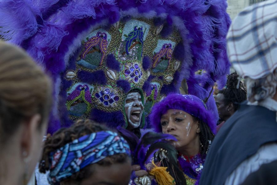 A masked reenactor dances in Congo Square during Dread Scott’s Slave Rebellion Reenactment on Nov. 9, 2019. Scott Hopes the performance art will create revolutionary change in the country.
