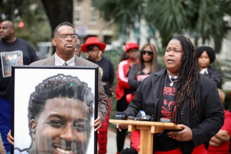 Garenita Bailey, victim's cousin, and Rev. Raymond Brown speak at Wimberly's vigil on Saturday, Oct. 7, 2019 in front of Hard Rock collapse site. Photo credit: Andres Fuentes