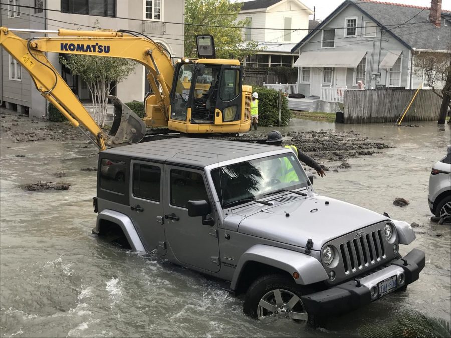 Tulane graduate student Emily Ramier had water rise up to her Jeep Wrangle after the water main on Calhoun and S. Johnson Streets broke on December 6, 2019. Photo credit: Jade Myers