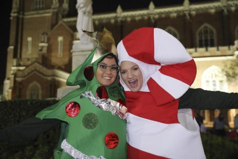 Students pose in their tree and candy cane costumes at Sneaux. Sneaux took place in Loyola Universitys Horeshoe on Tuesday Dec. 3rd, 2019. Photo credit: Hannah Renton