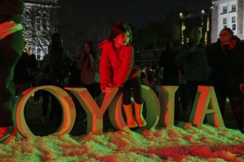 Loyola sign on the Universitys front lawn lit up by Christmas lights for Sneaux. Sneaux took place in Loyola Universitys Horeshoe on Tuesday Dec. 3rd, 2019. Photo credit: Hannah Renton