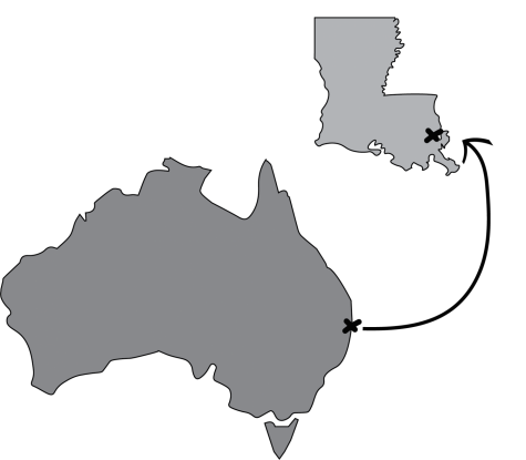 A graphic showing the distance from Australia to New Orleans, Louisiana.