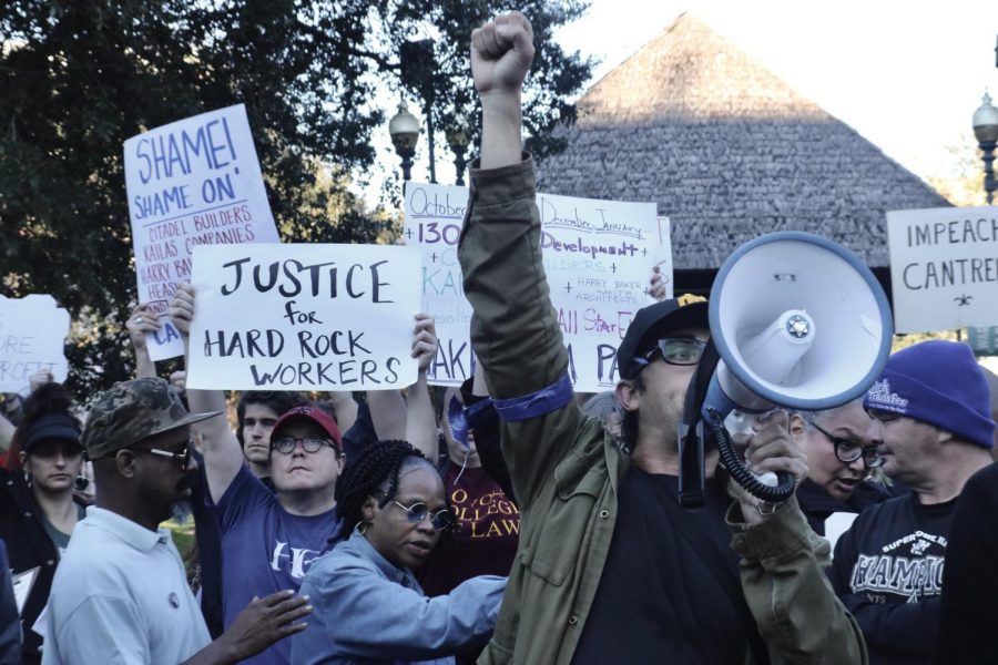 Trey Monaghan leads a march for the Hard Rock collapse victims from the site to Duncan Plaza on January 24. 2020. Photo credit: Andres Fuentes