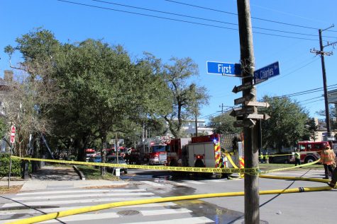 Fire line tape is up near the scene of a four-alarm fire