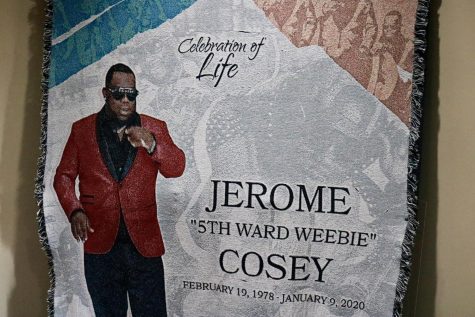 A quilt with a photo of 5th Ward Weebie with writing that says "Celebration of Life" and "Jerome "5th Ward Weebie" Cosey February 19, 1978-January 9, 2020"