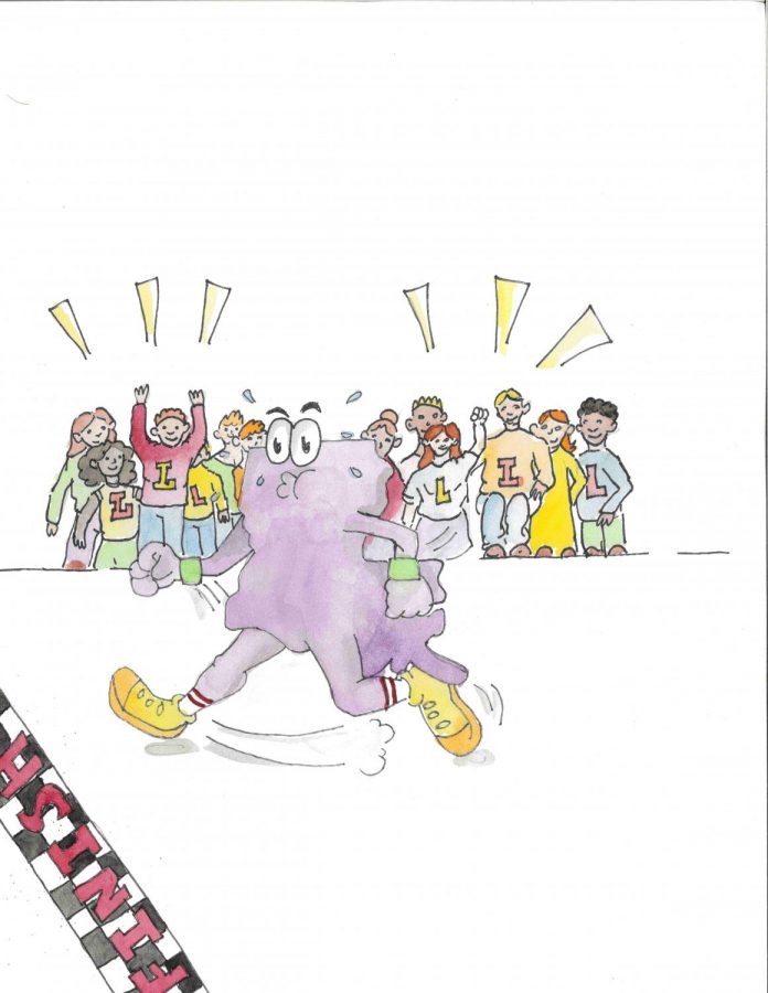 An illustration of a crowd cheering on a Louisiana-shaped runner crossing the finish line.
