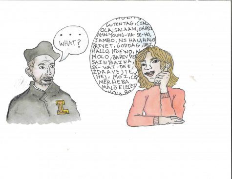 A comic of a woman speaking to St. Ignatius in a foreign language and St. Iganius responding with