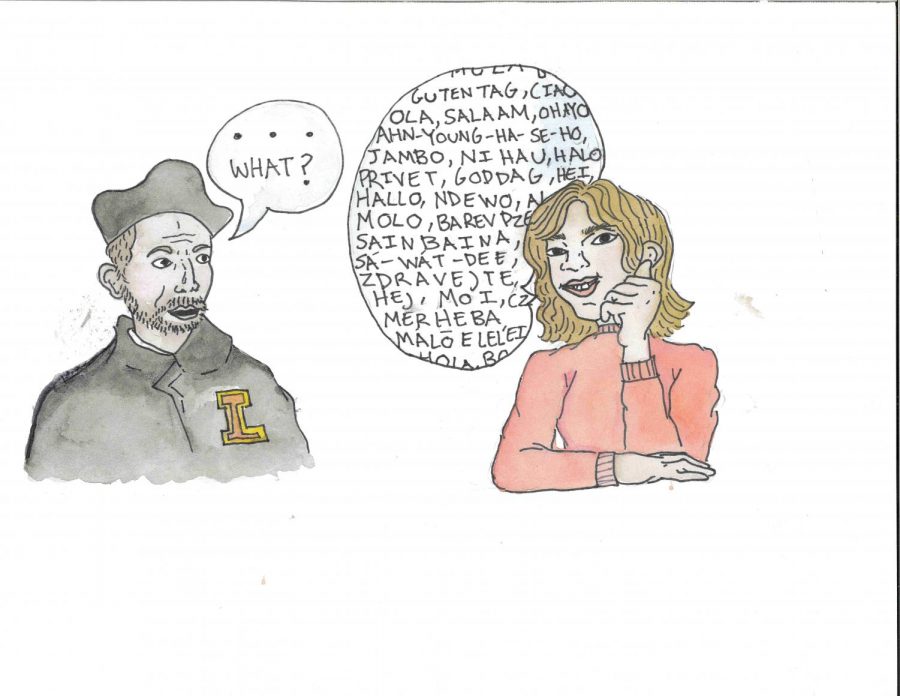 A comic of a woman speaking to St. Ignatius in a foreign language and St. Iganius responding with what?