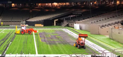 Workers begin dome renovations after the College Football Playoff National Championship on Tuesday Jan. 14, 2020.