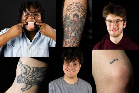 Three students pictured. Three tattoos pictured.