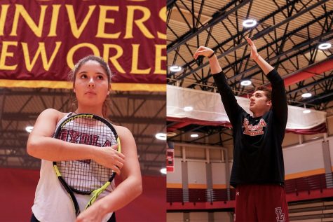 Madelynn Chavez, political science sophomore, who transferred from University of New Mexico, stands in the gym on Jan. 10. Chavez is one of a few student athletes who transferred to Loyola from an NCAA school. Andrew Fava shoots hoops in the gym on Jan. 10. Fava transferred to Loyola from University of Florida.