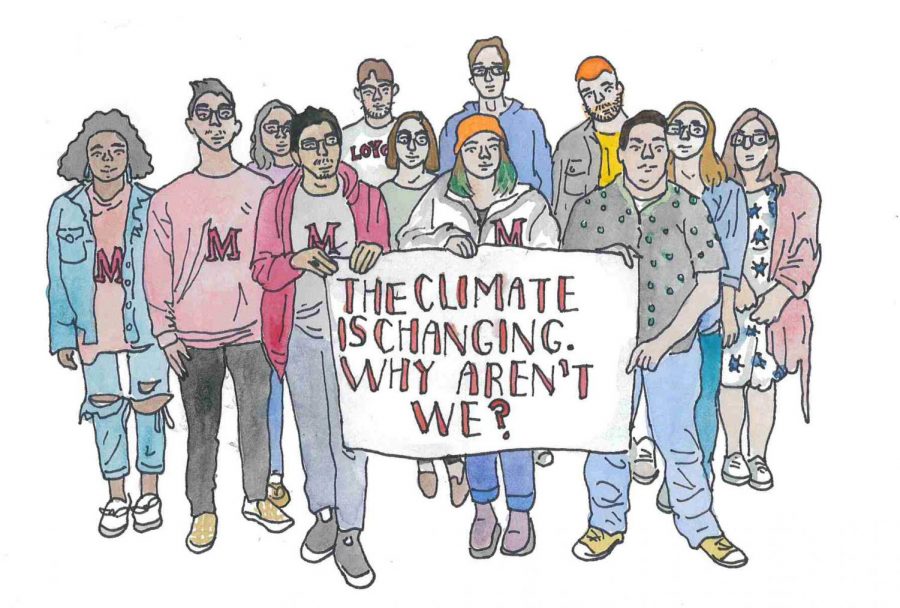 An illustration of the Maroon staff holding up a banner that reads, The climate is changing. Why arent we?