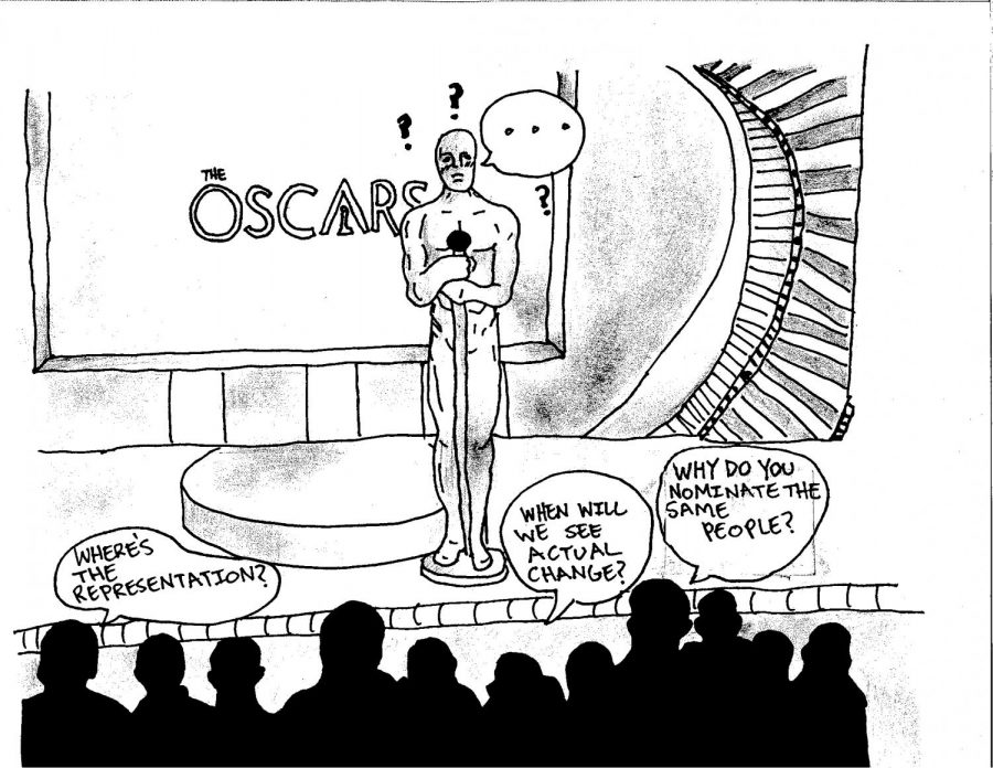An+illustration+of+the+Oscar+man+being+grilled+about+questions+about+diversity+and+inclusion.