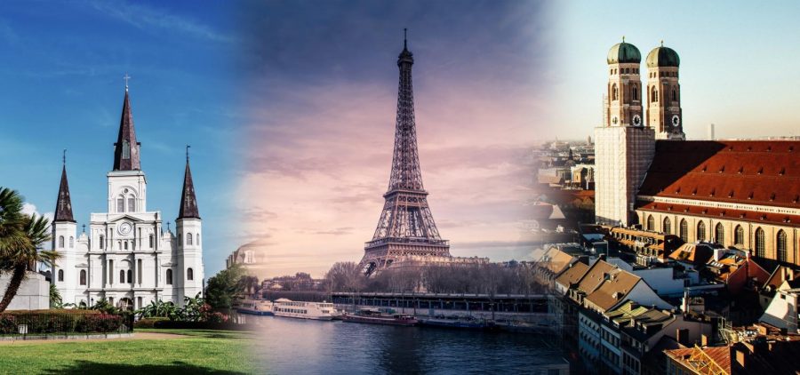 The St. Louis Cathedral, the Eiffel Tower and the Frauenkirche are iconic buildings in New Orleans, Paris and Munich. The Global MBA Triple Master Program lets students study in three cities while earning three degrees  Photo Illustration by Michael Bauer